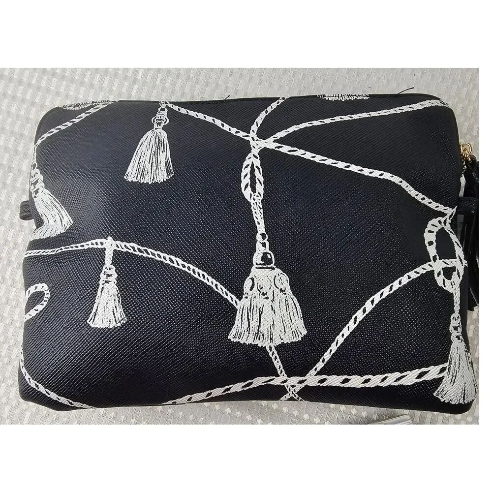 Chicos Navy Blue White Tassel Rope Print Cosmetic Bag Pouch Polka Dot Lining